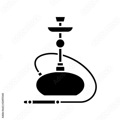 Hookah black glyph icon. Sheesha house. Nicotine and cannabis. Nargile lounge. Odor from pipe. Scent of vaporizing. Smoking area. Silhouette symbol on white space. Vector isolated illustration