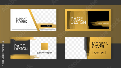 Horizontal gold set banner templates with frame for images. Happy modern style with gold paint spots and black elements. 