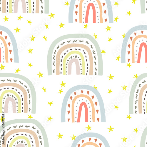 Seamless cute pattern in scandinavian style for kids, children. Rainbow and stars background. Nordic style for fabric, wallpaper, clothes, swaddles, apparel, planner, sticker