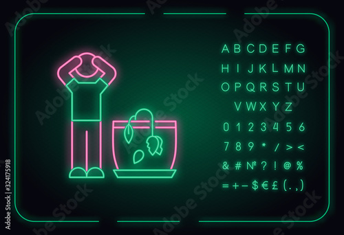 Withering plant neon light icon. Wilting houseplant. Dying flower. Unfavourable conditions. Outer glowing effect. Sign with alphabet, numbers and symbols. Vector isolated RGB color illustration