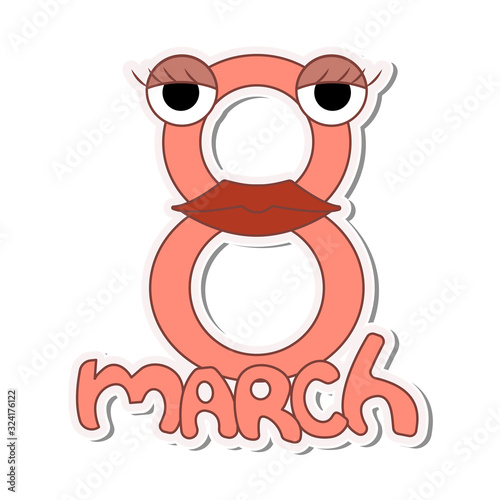 women's day design. 8 march with lips and eyes . white background isolated sticker vector illustration