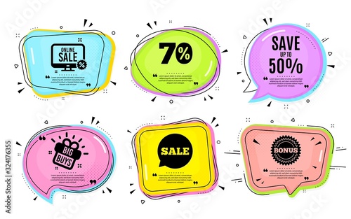 Save up to 50%. Big buys, online shopping. Discount Sale offer price sign. Special offer symbol. Quotation bubble. Banner badge, texting quote boxes. Discount text. Coupon offer. Vector