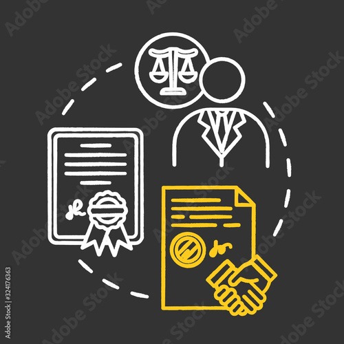 Powers of attorney chalk RGB color concept icon. Legal representative. Seal business deal with third party. Notary service idea. Vector isolated chalkboard illustration on black background