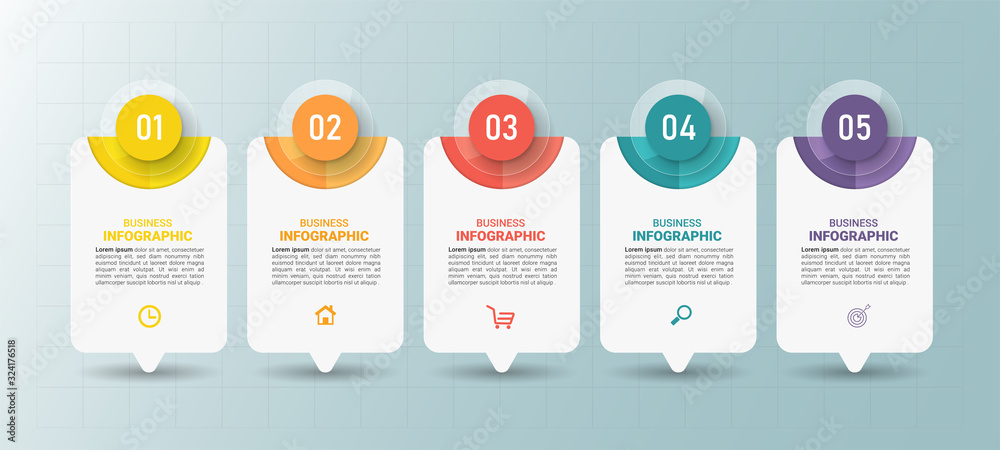 Infographics design template, 3D Business concept with 5 steps or options, can be used for workflow layout, diagram, annual report, web design.Creative banner, label vector.	