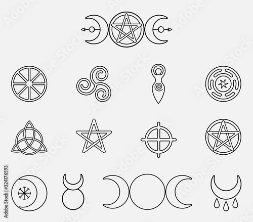Collection of magical wiccan and pagan symbols: pentagram, triple moon, horned god, triskelion, solar cross, spiral, wheel of the year. Monochrome vector illustration, isolated on white background
