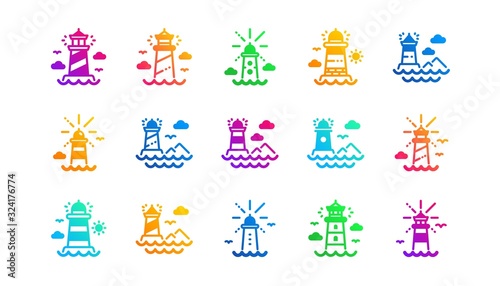 Searchlight tower with seagull for marine navigation of ships. Lighthouse icons. Sea pharos, lighthouse or beacon icons. Classic set. Gradient patterns. Quality signs set. Vector