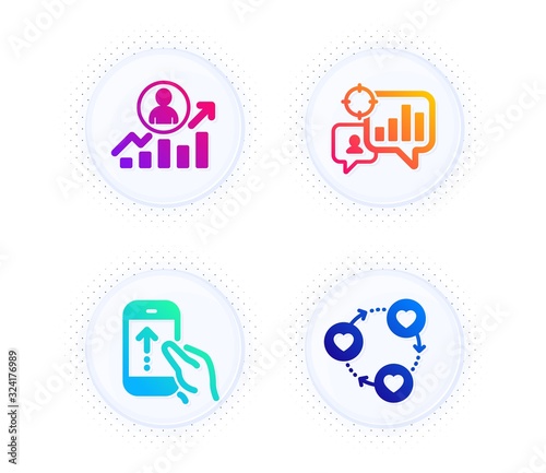 Seo statistics, Career ladder and Swipe up icons simple set. Button with halftone dots. Friends community sign. Analytics chart, Manager results, Scrolling screen. Love. Business set. Vector