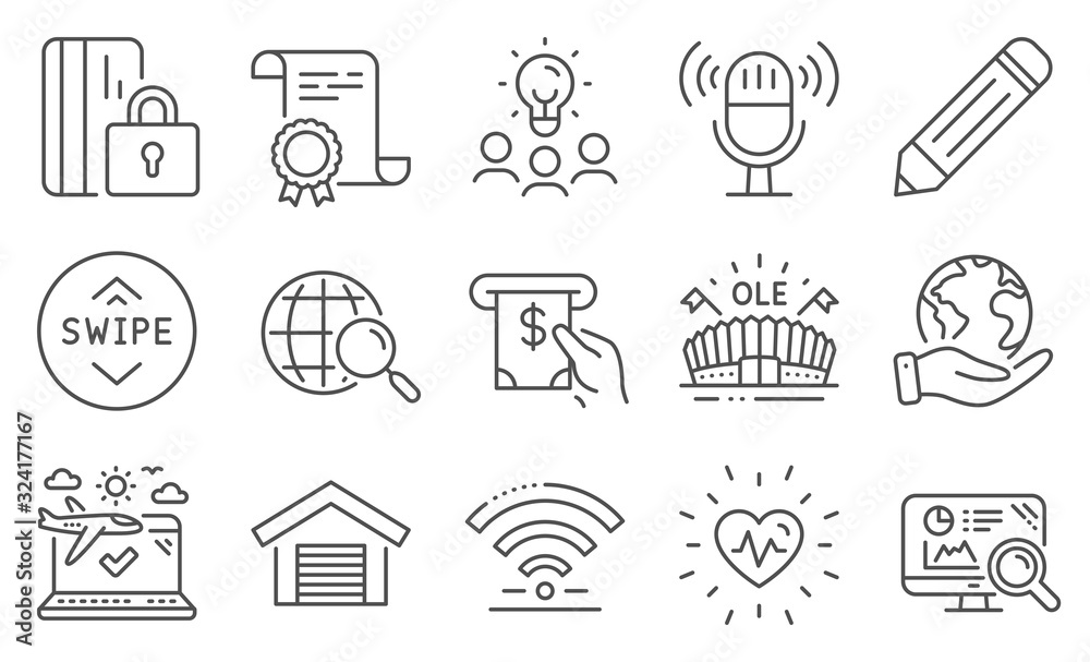 Set of Business icons, such as Blocked card, Heartbeat. Diploma, ideas, save planet. Microphone, Pencil, Sports arena. Swipe up, Atm service, Airplane travel. Vector