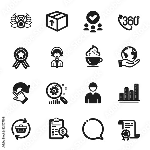 Set of Business icons, such as 360 degree, Coffee cup. Certificate, approved group, save planet. Search statistics, Package, Graph chart. Engineer, Rotation gesture, Laureate medal. Vector