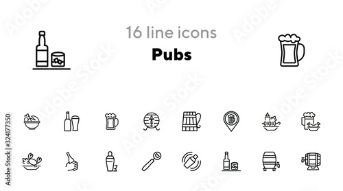 Pubs line icon set. Set of line icons on white background. Cocktail, beer mug, fresh crab. Food concept. Vector illustration can be used for topics like eating, drinking, resting