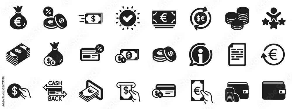 Set of Credit card, Cash and Coins icons. Money wallet icons. Banking, Currency exchange and Cashback service. Wallet, Euro and Dollar money, credit card. Cash exchange, bank payment. Vector