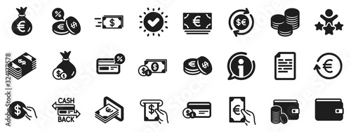 Set of Credit card, Cash and Coins icons. Money wallet icons. Banking, Currency exchange and Cashback service. Wallet, Euro and Dollar money, credit card. Cash exchange, bank payment. Vector