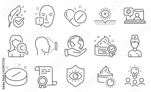 Set of Healthcare icons, such as Collagen skin, Face id. Diploma, ideas, save planet. Medical tablet, Medical pills, Eye protection. Doctor, Face attention, Cream. Vector