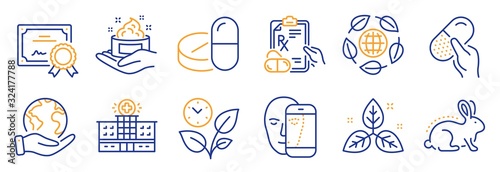 Set of Healthcare icons, such as Hospital building, Animal tested. Certificate, save planet. Eco organic, Medical drugs, Skin care. Leaves, Face biometrics, Prescription drugs. Vector