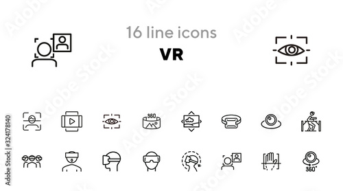 VR line icon set. Set of line icons on white background. Technology concept. Camera, device, virtual presentation. Vector illustration can be used for topics like modern technology, video, vlogging