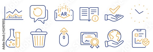 Set of Science icons, such as Trash bin, Trade infochart. Certificate, save planet. Report checklist, Augmented reality, Swipe up. Technical info, Time, Chemistry lab. Vector