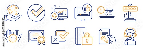 Set of Technology icons, such as Attraction, Support. Certificate, save planet. Medical analytics, Safe time, Checkbox. Online test, Like video, Blocked card. Vector