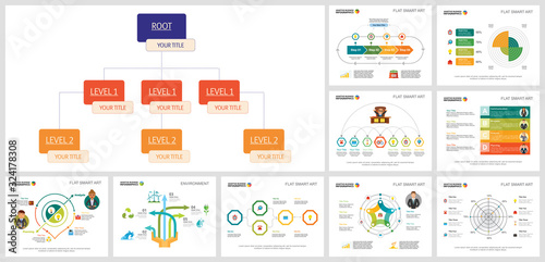 Colorful analytics layout set for work process design, management report, presentation, web page. Business and analysis concept with organizational diagram, pie, radar, process, and timeline charts.