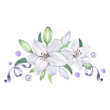 White lily 2. Composition of white flowers. Watercolor illustration. Ideal for decorating wedding invitations, posters, business cards