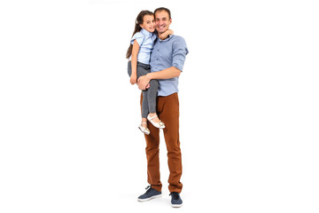 Girl hugging her father - isolated over a white background