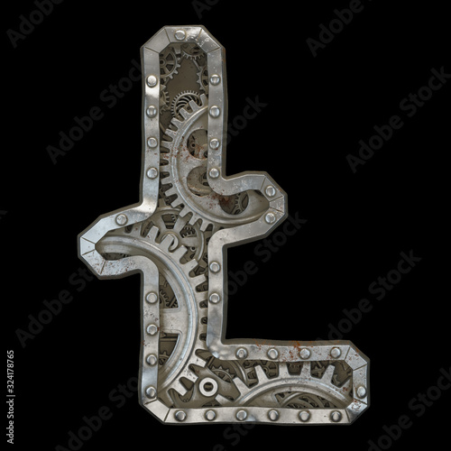Mechanical alphabet made from rivet metal with gears on black background. Symbol litecoin. 3D