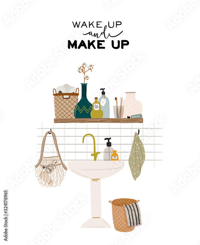 Stylish Scandinavian bathroom interior - bidet,tap, bath,toilet, sink, home decorations. Cozy modern comfy apartment furnished in Hygge style. Vector illustration
