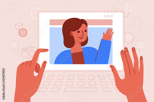 Vector illustration in flat simple style with characters - influencer marketing concept and referral loyalty program - blogger promotion services and goods for her followers online