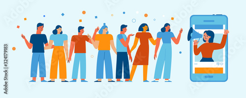 Vector illustration in flat simple style with characters - influencer marketing concept and referral loyalty program photo