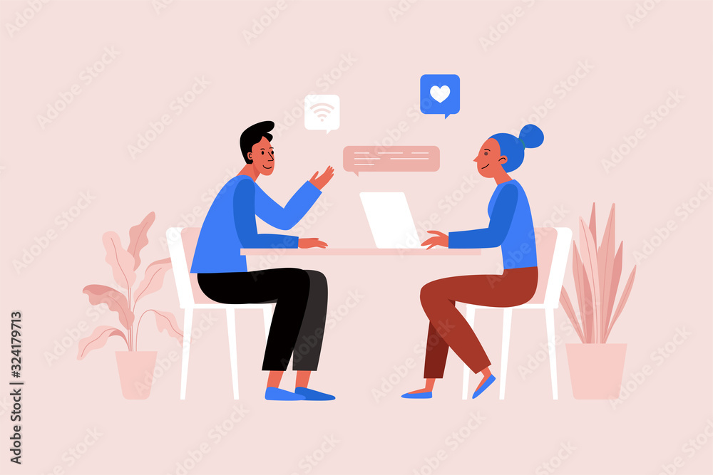 Vector illustration in flat simple style with characters - two people working together at the laptop, project management concept Vector illustration in flat simple style with characters - two people working together at the laptop, project management concept