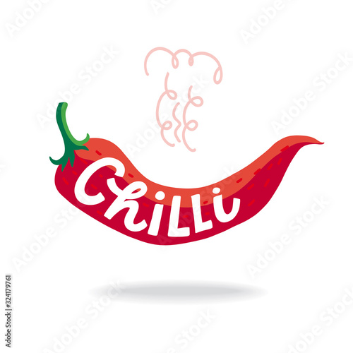 Vegetable Chilli pepper Lettering. Hand drawn vector flat cartoon illustration on isolated white background. Great vegetable vector for sauce salsa, ketchup. Healthy food, vegetarian.