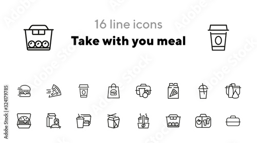 Take-with-you-meal line icon set. Set of line icons on white background. Chinese food, brunch, cardboard. Snack concept. Vector illustration can be used for topics like food, breakfast, eating