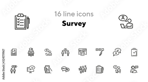 Survey line icon set. Whipping votes, checkmark, questionnaire. Customer assessment concept. Can be used for topics like analysis, research, feedback