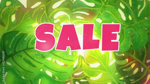 Sale word on the background with hand drawn watercolor tropical palm leaves. Seamless looping 4K footage.	