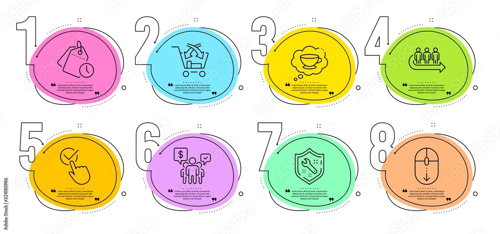 Teamwork, Queue and Coffee cup signs. Timeline steps infographic. Spanner, Checkbox and Cross sell line icons set. Time management, Scroll down symbols. Repair service, Approved. Business set. Vector Teamwork, Queue and Coffee cup signs. Timeline steps infographic. Spanner, Checkbox and Cross sell line icons set. Time management, Scroll down symbols. Repair service, Approved. Business set. Vector