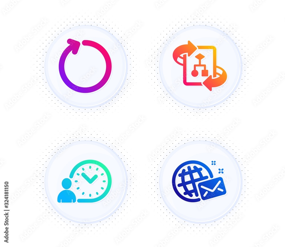 Technical algorithm, Time management and Loop icons simple set. Button with halftone dots. World mail sign. Project doc, Work time, Refresh. Chat. Technology set. Vector Technical algorithm, Time management and Loop icons simple set. Button with halftone dots. World mail sign. Project doc, Work time, Refresh. Chat. Technology set. Vector
