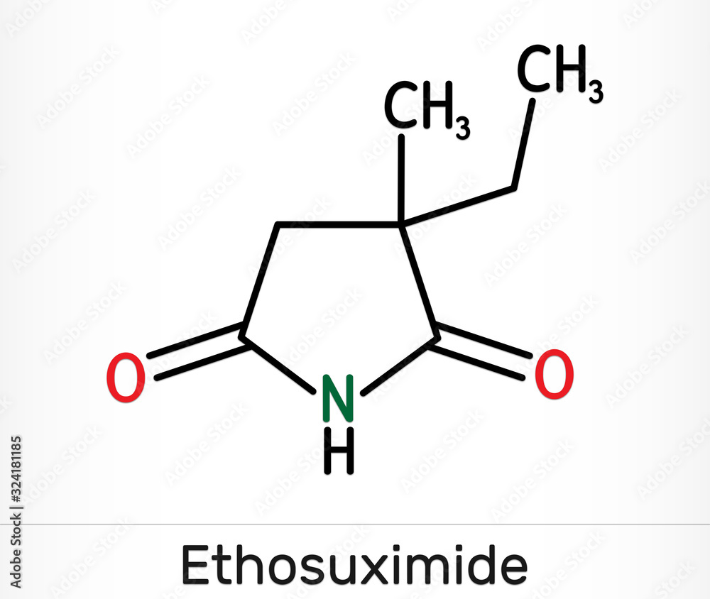 Ethosuximide, C7H11NO2 molecule. It is succinimide based anticonvulsant, useful in the treatment of absence seizures. Skeletal chemical formula Ethosuximide, C7H11NO2 molecule. It is succinimide based anticonvulsant, useful in the treatment of absence seizures. Skeletal chemical formula