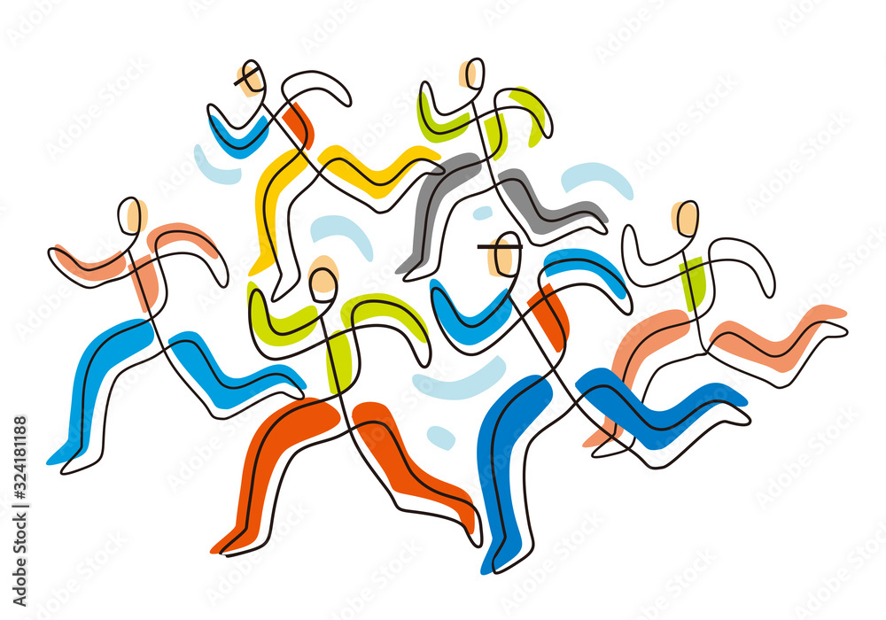 Fitness running, line art stylized.  Colorful lineart stylized illustration of five running people. Vector available.