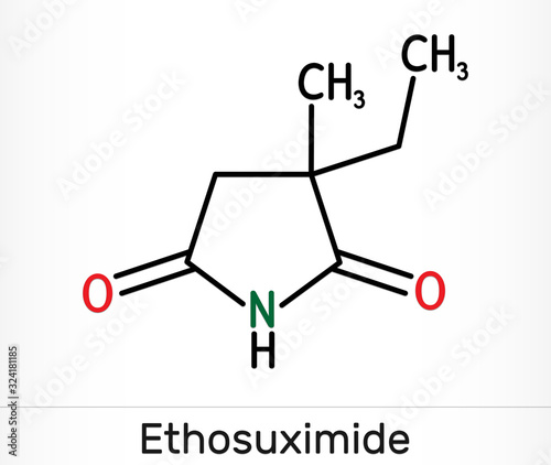 Ethosuximide, C7H11NO2 molecule. It is succinimide based anticonvulsant, useful in the treatment of absence seizures. Skeletal chemical formula