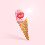 Tender icecream with female lips on pink background. Copyspace to insert your text. Modern design. Contemporary artwork, collage. Concept of summertime, vacation, resort, mood, beach season.
