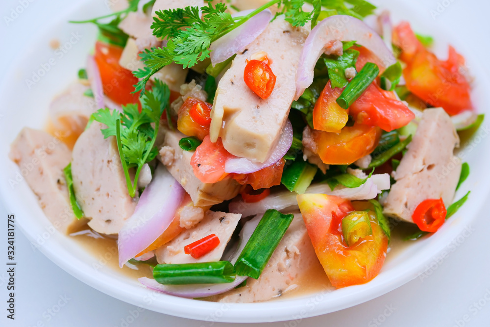 Delicious spicy vietnamese sausage salad with vegetable. Delicious spicy vietnamese sausage salad with vegetable.