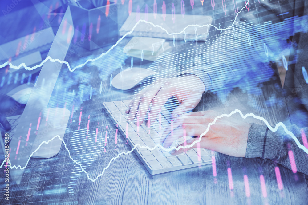 Double exposure of financial graph with man works in office on background. Concept of analysis. Double exposure of financial graph with man works in office on background. Concept of analysis.