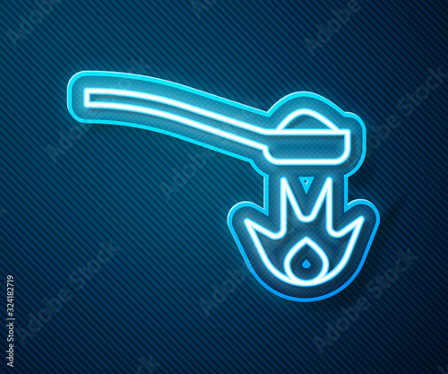 Glowing neon line Heroin in a spoon icon isolated on blue background. Concept of drug addiction and dependence from the narcotic. Junkie lifestyle. Vector Illustration