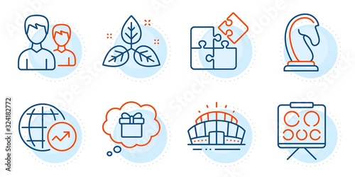 Vision board, Couple and World statistics signs. Puzzle, Fair trade and Arena stadium line icons set. Gift dream, Marketing strategy symbols. Engineering strategy, Leaf. Business set. Vector