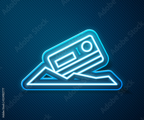 Glowing neon line Cocaine and credit card icon isolated on blue background. Vector Illustration
