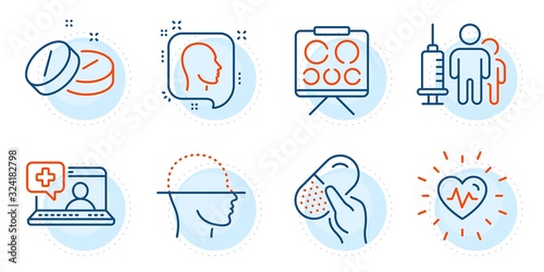 Vision board, Head and Medical vaccination signs. Heartbeat, Medical help and Capsule pill line icons set. Face scanning symbol. Medicine laptop, Medicine drugs. Healthcare set. Vector