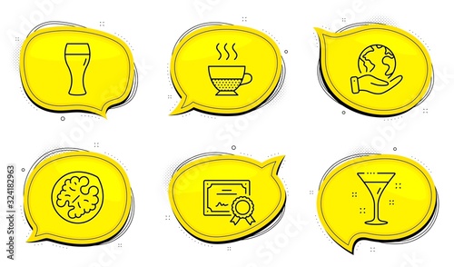 Walnut sign. Diploma certificate, save planet chat bubbles. Doppio, Cocktail and Beer glass line icons set. Coffee drink, Martini, Brewery beverage. Vegetarian food. Food and drink set. Vector