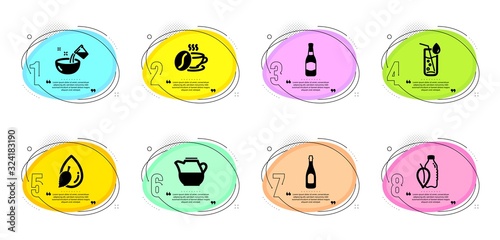 Water drop, Milk jug and Coffee cup signs. Timeline infographic. Champagne, Beer bottle and Water glass line icons set. Celebration drink, Brewery. Food and drink set. Bubbles with quotes. Vector