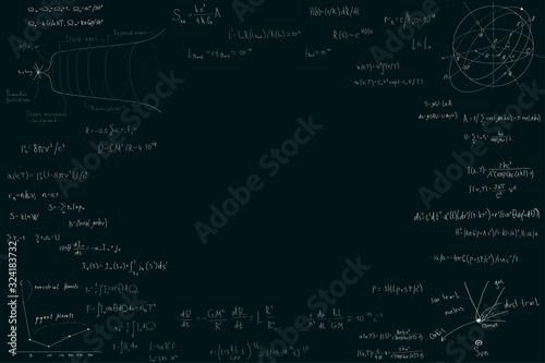 Astronomy and astrophysics, formulas for physics mathematics and astronomy on a dark green chalk Board.