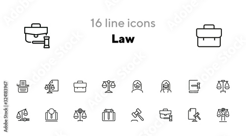 Law line icon set. Set of line icons on white background. Scale, advocate, judge. Law concept. Vector illustration can be used for topics like