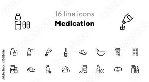 Medication icon set. Line icons collection on white background. Tablet, pill, painkiller. Supplement concept. Can be used for topics like healthcare, illness, pharmacy